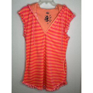 Betsy Johnson Hoodie Top Womens Large Terrycloth Coverup Tunic Pink Orange Beach